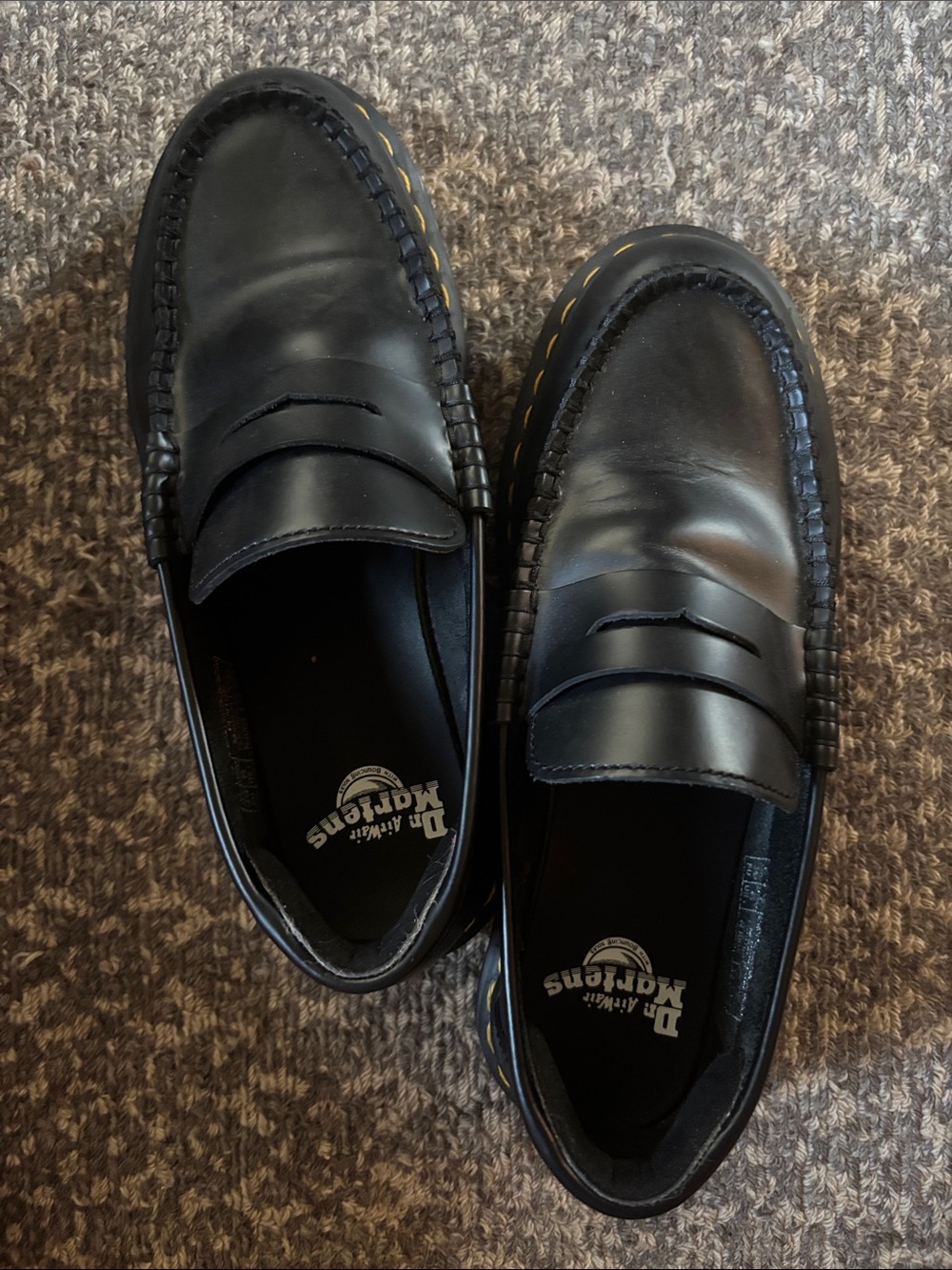 Dr. Martens Black Leather Penny Loafers with Yellow Stitching